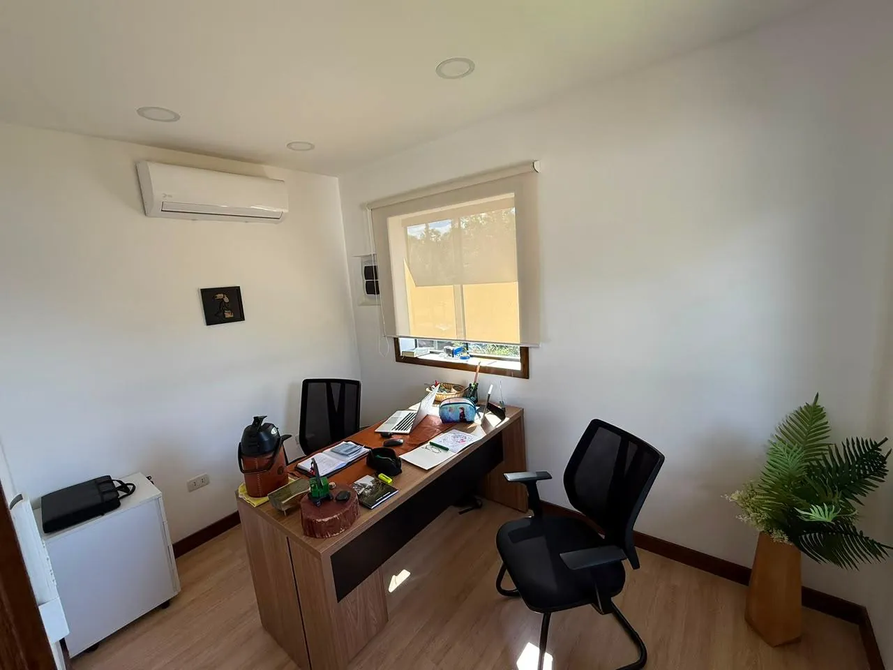 Oficina privada con escritorio ejecutivo de madera, aire acondicionado y decoración