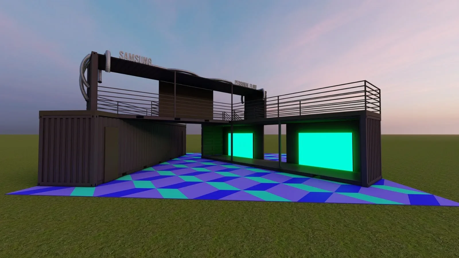 Render de diseño del stand de contenedores para Personal Flow y Samsung